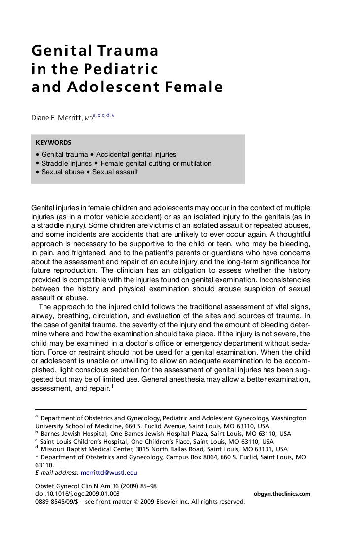 Genital Trauma in the Pediatric and Adolescent Female