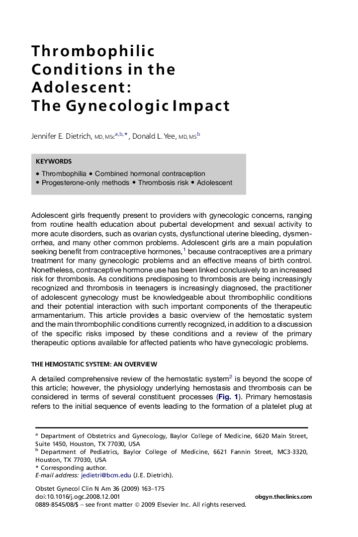 Thrombophilic Conditions in the Adolescent: The Gynecologic Impact