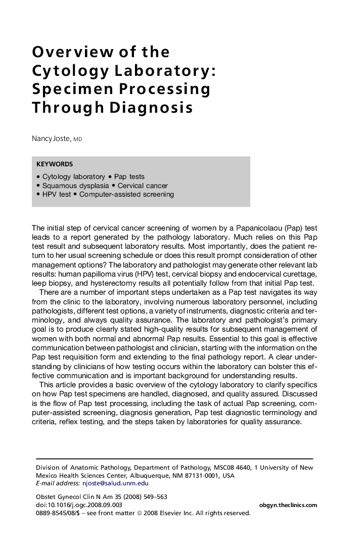 Overview of the Cytology Laboratory: Specimen Processing Through Diagnosis