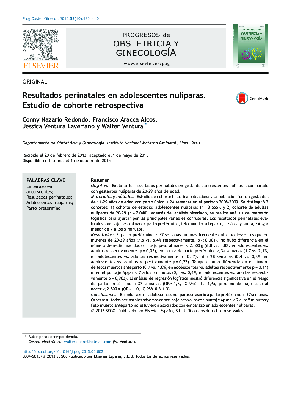 Resultados perinatales en adolescentes nulÃ­paras. Estudio de cohorte retrospectiva