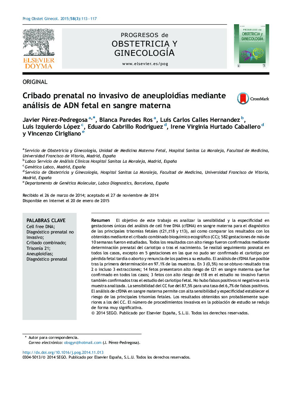 Cribado prenatal no invasivo de aneuploidÃ­as mediante análisis de ADN fetal en sangre materna