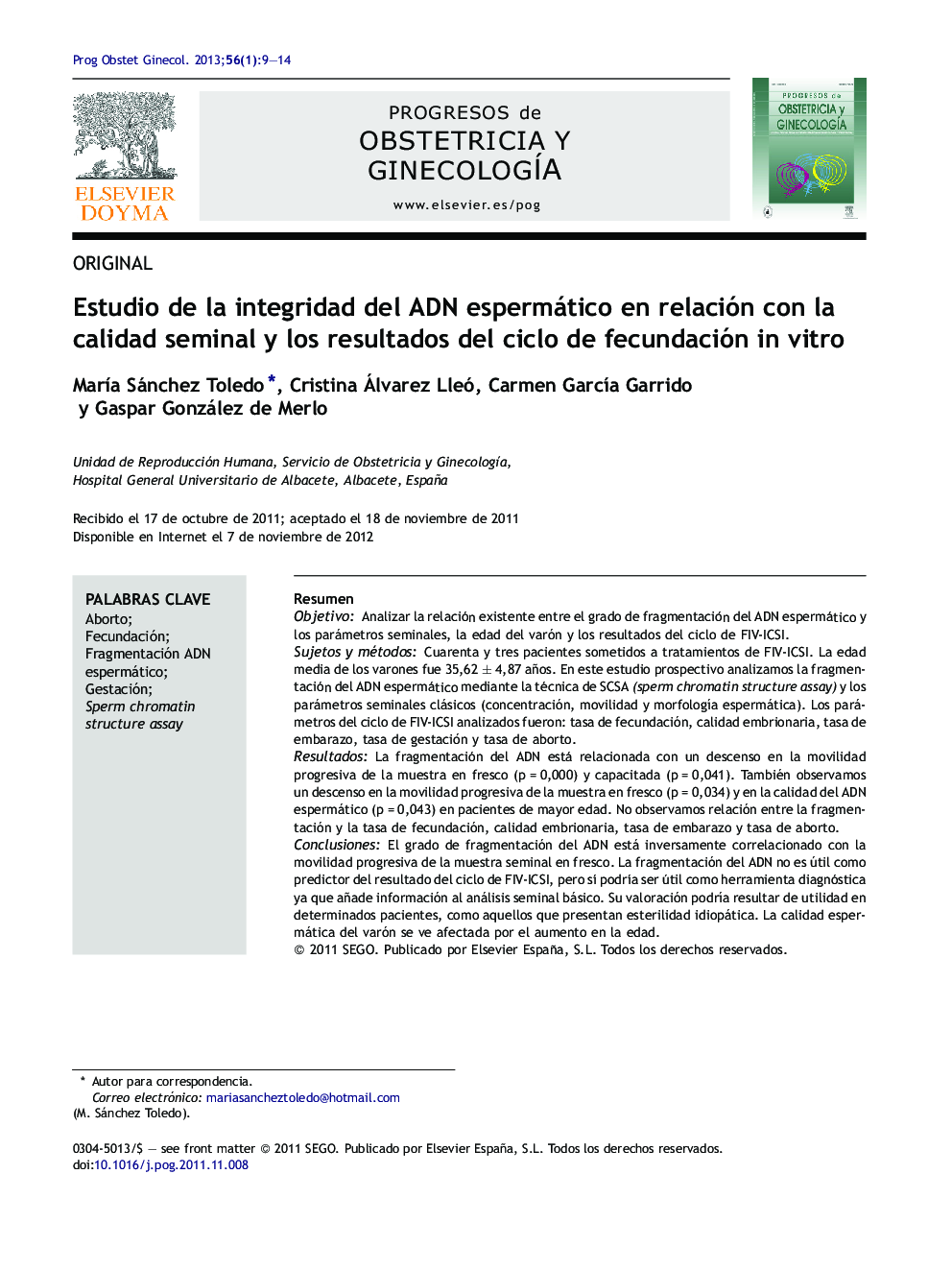 Estudio de la integridad del ADN espermático en relación con la calidad seminal y los resultados del ciclo de fecundación in vitro