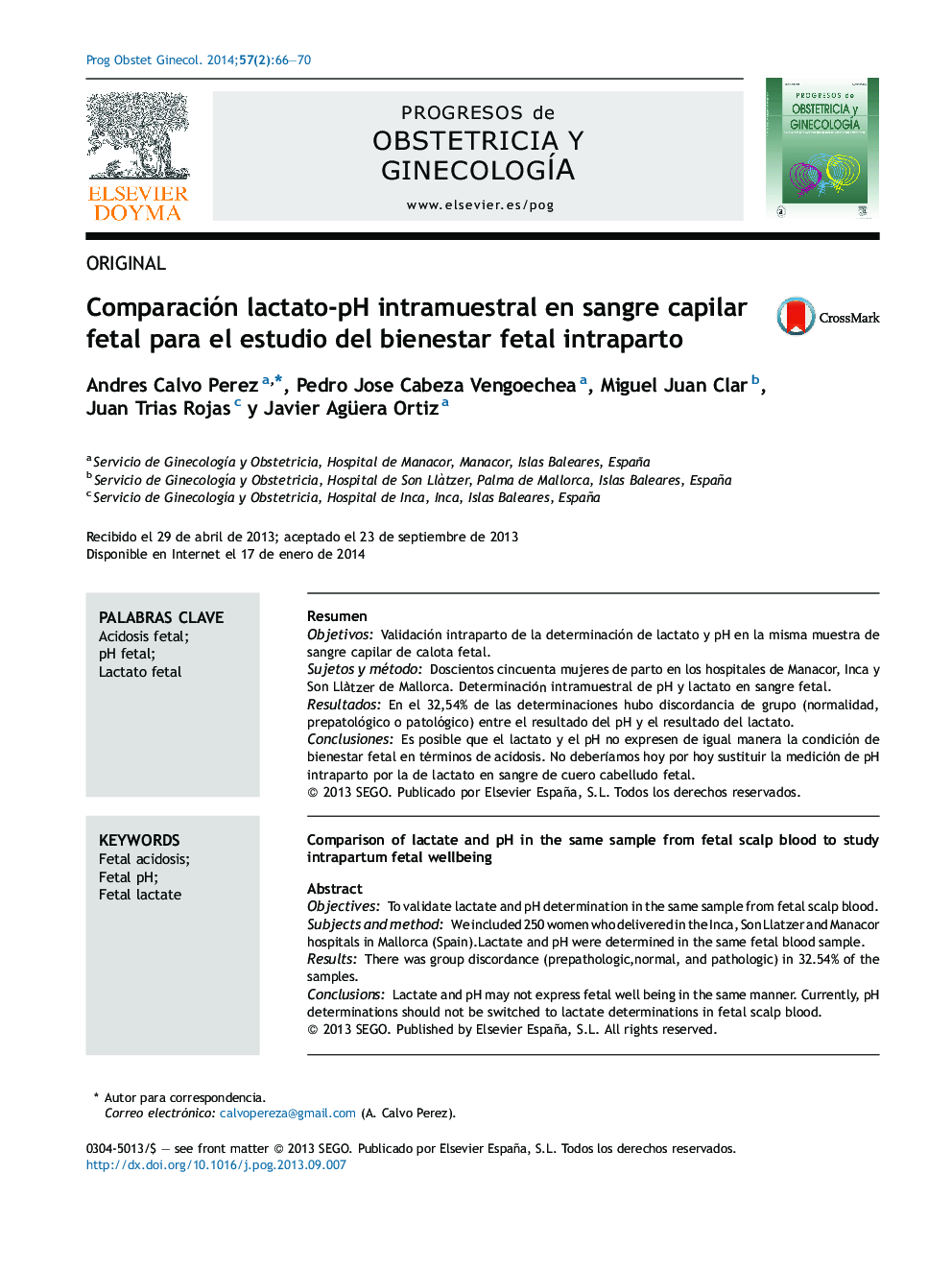 Comparación lactato-pH intramuestral en sangre capilar fetal para el estudio del bienestar fetal intraparto