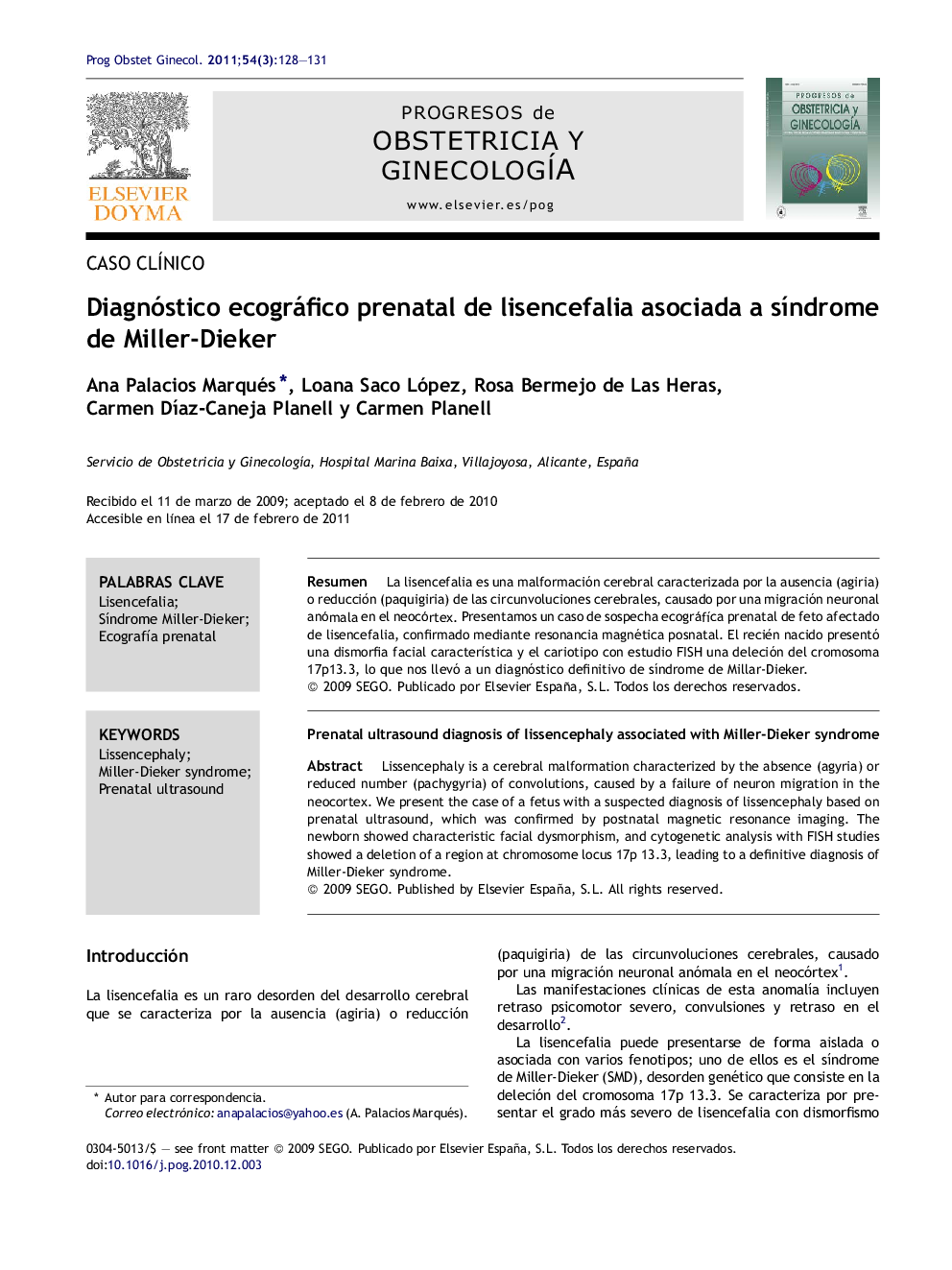 Diagnóstico ecográfico prenatal de lisencefalia asociada a síndrome de Miller-Dieker