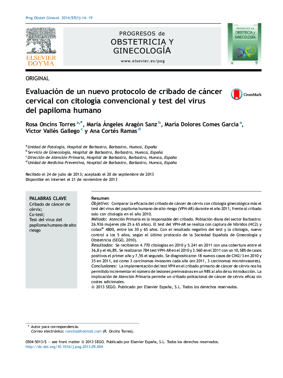 Evaluación de un nuevo protocolo de cribado de cáncer cervical con citología convencional y test del virus del papiloma humano