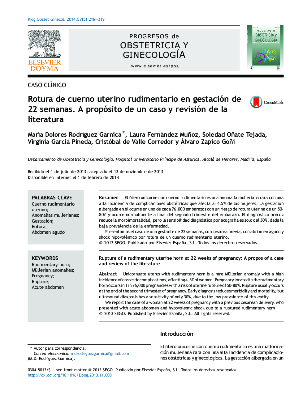 Rotura de cuerno uterino rudimentario en gestación de 22 semanas. A propósito de un caso y revisión de la literatura