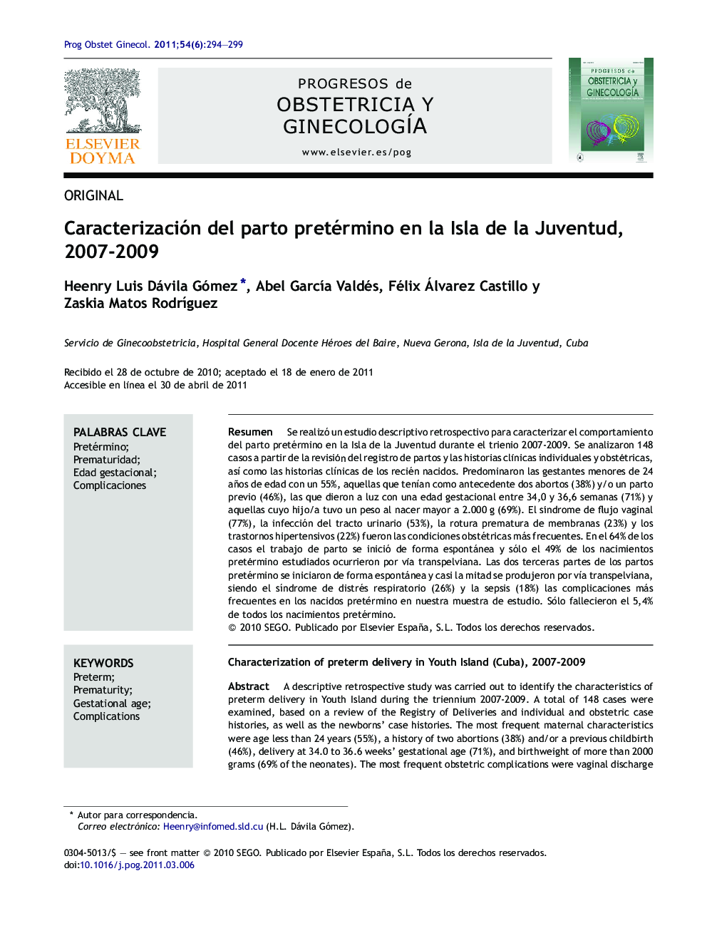 Caracterización del parto pretérmino en la Isla de la Juventud, 2007-2009