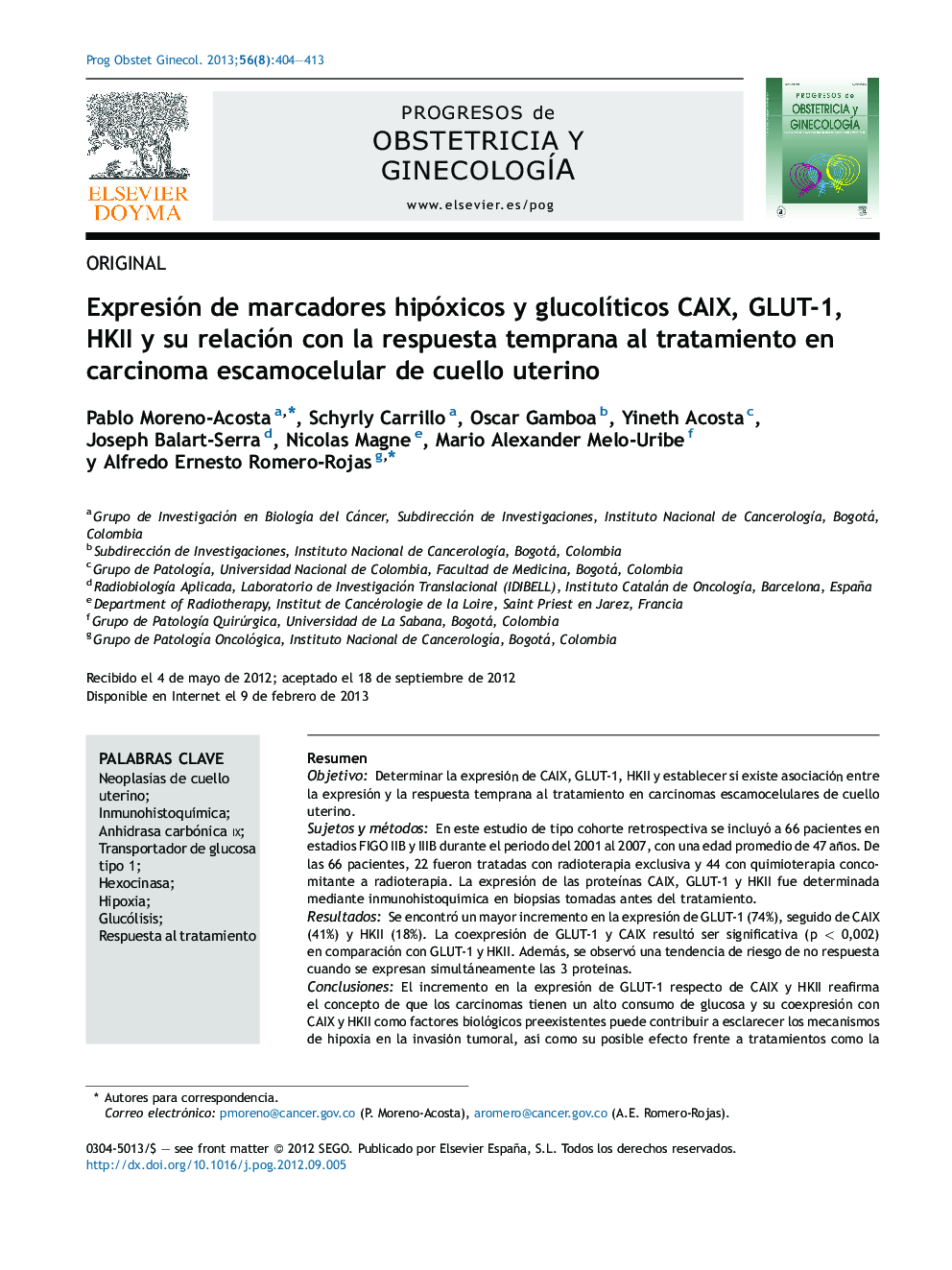 Expresión de marcadores hipóxicos y glucolÃ­ticos CAIX, GLUT-1, HKII y su relación con la respuesta temprana al tratamiento en carcinoma escamocelular de cuello uterino