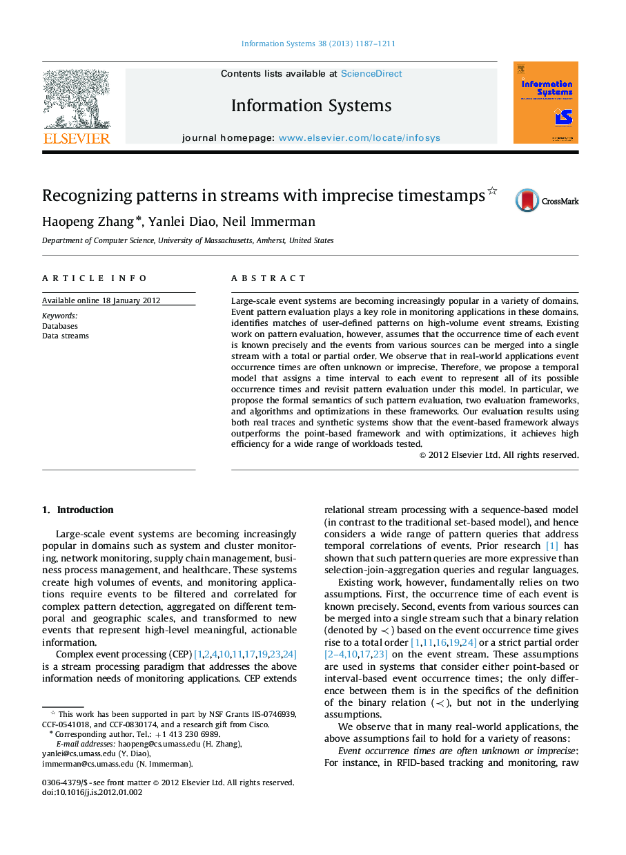 Recognizing patterns in streams with imprecise timestamps 