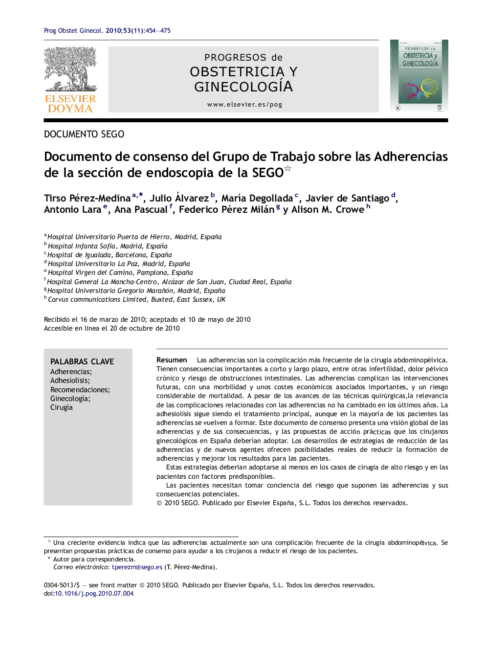 Documento de consenso del Grupo de Trabajo sobre las Adherencias de la sección de endoscopia de la SEGO 