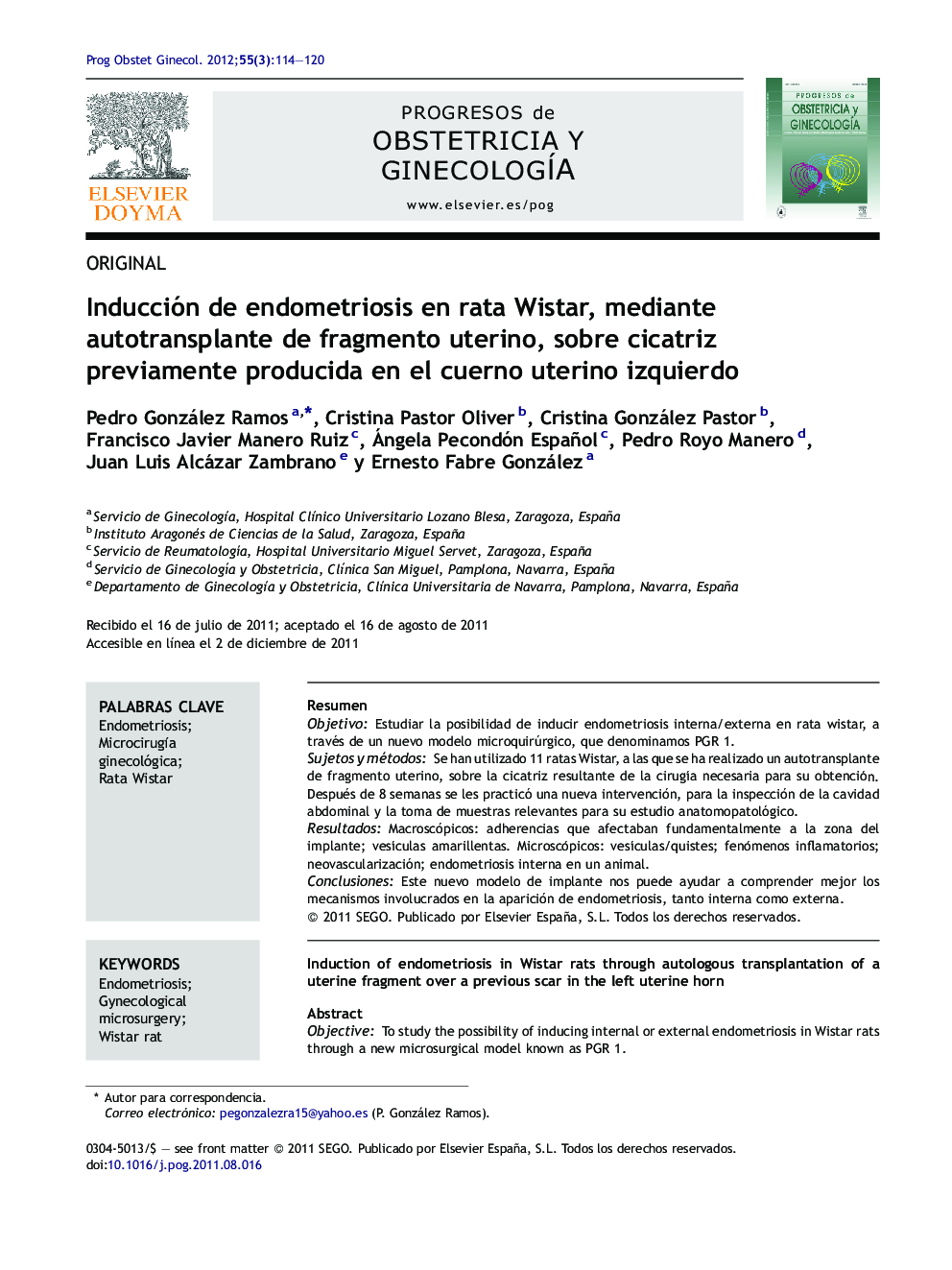 Inducción de endometriosis en rata Wistar, mediante autotransplante de fragmento uterino, sobre cicatriz previamente producida en el cuerno uterino izquierdo