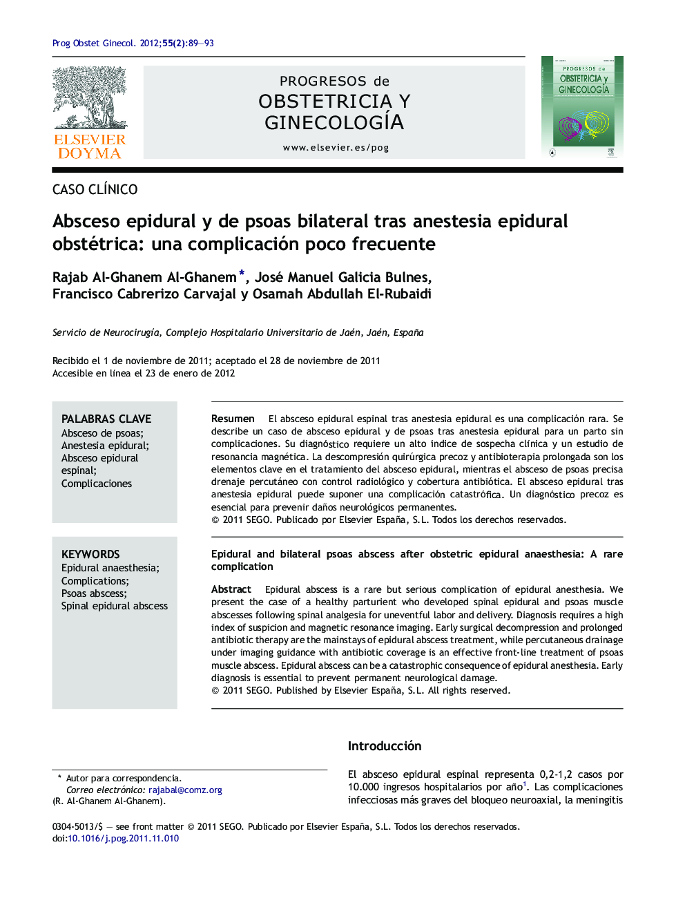 Absceso epidural y de psoas bilateral tras anestesia epidural obstétrica: una complicación poco frecuente