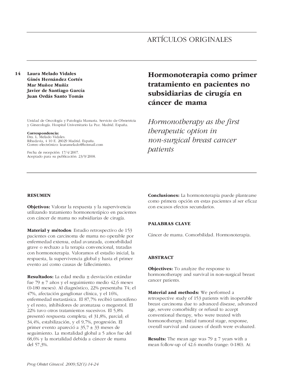 Hormonoterapia como primer tratamiento en pacientes no subsidiarias de cirugÃ­a en cáncer de mama