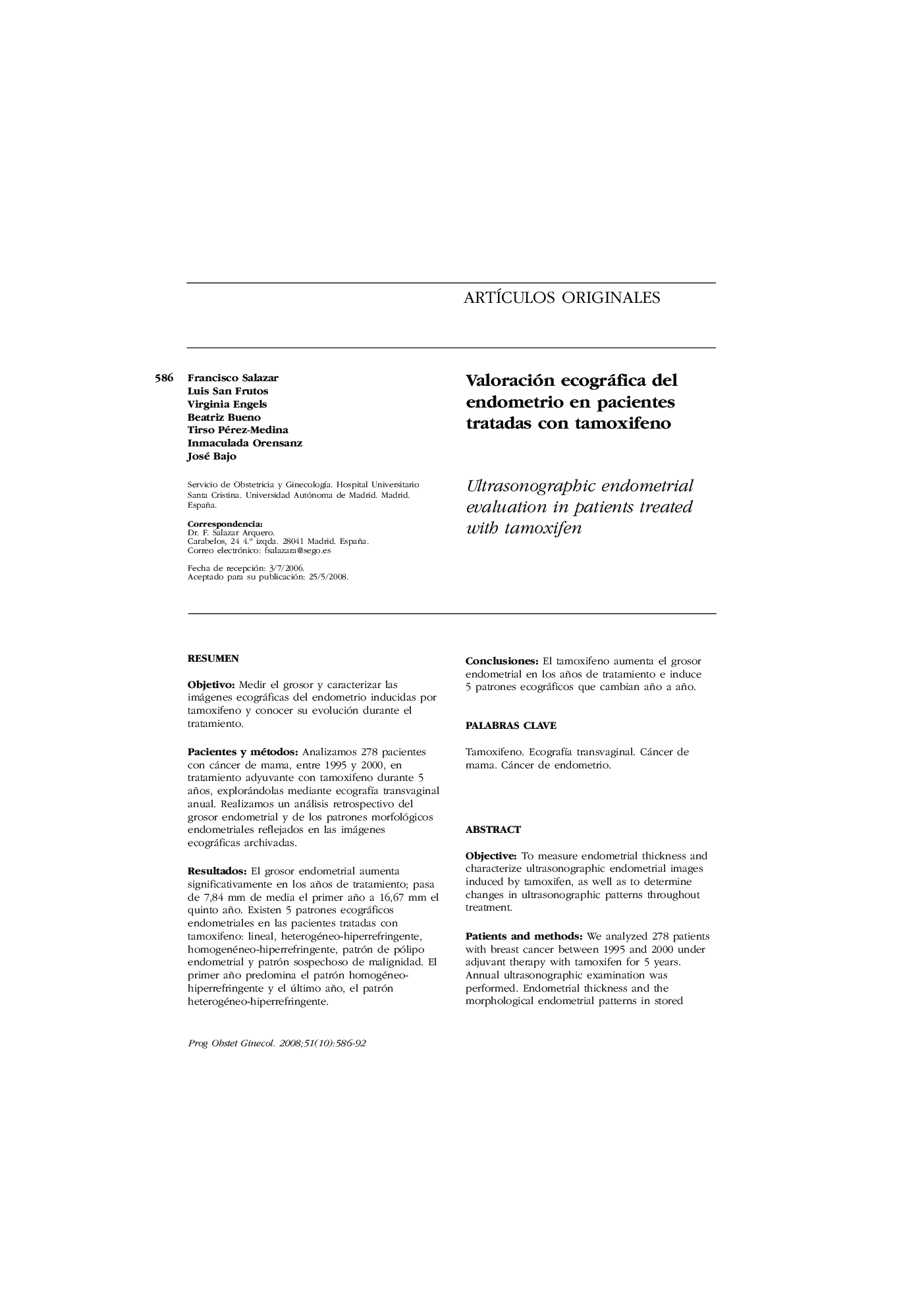 Valoración ecográfica del endometrio en pacientes tratadas con tamoxifeno