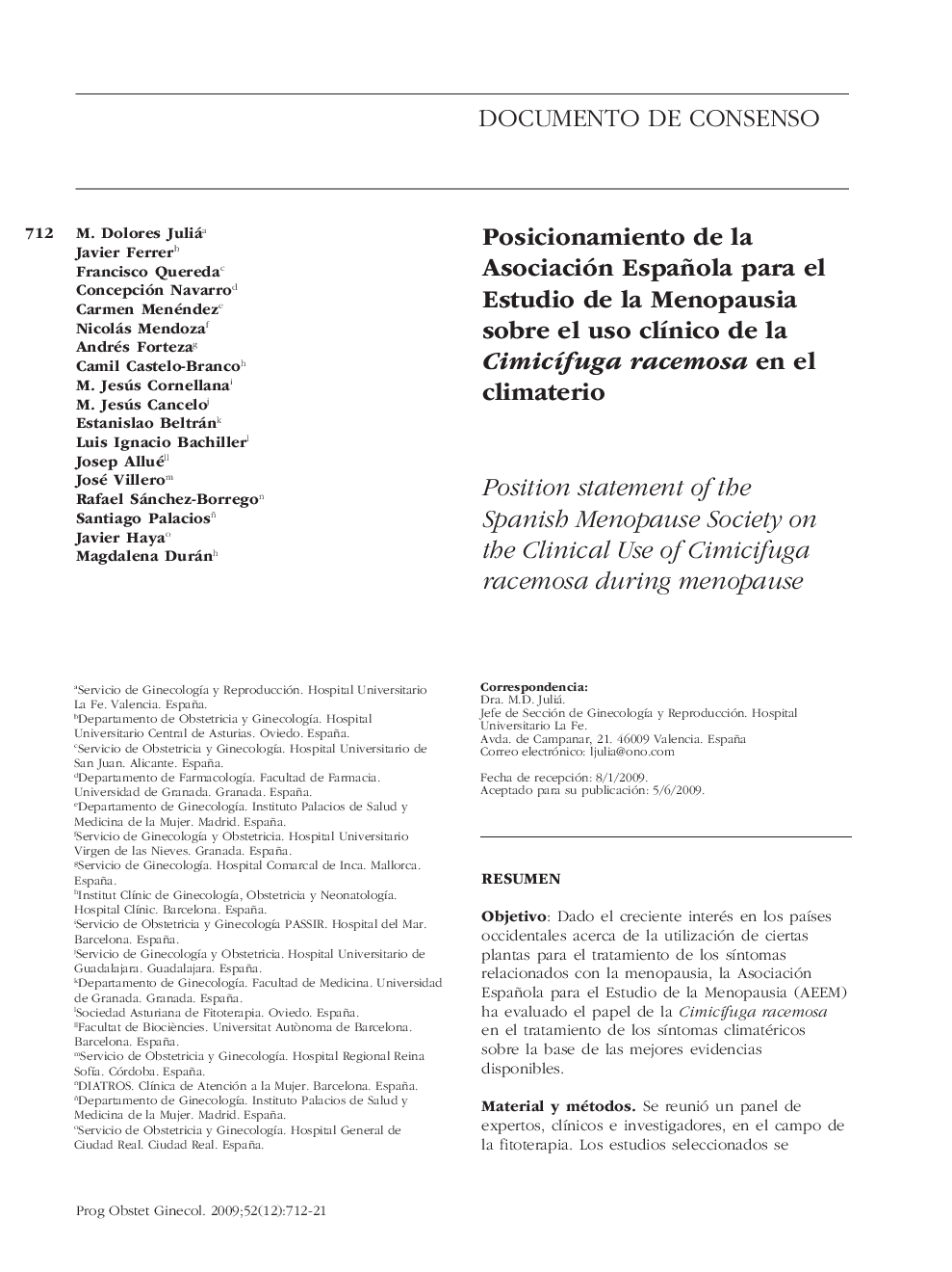 Posicionamiento de la Asociación Española para el Estudio de la Menopausia sobre el uso clínico de la Cimicífuga racemosa en el climaterio