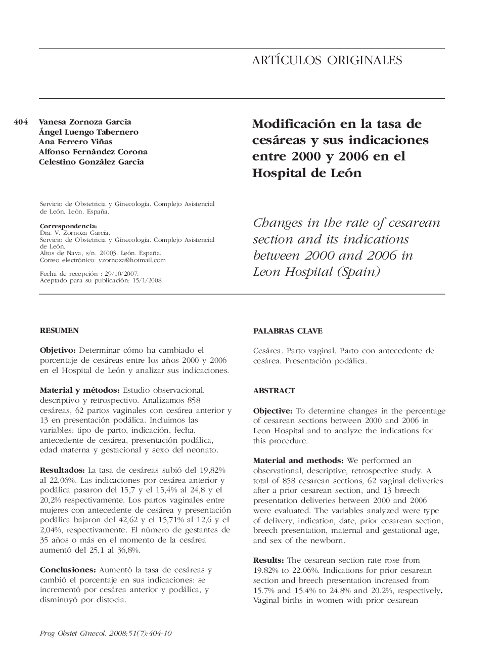 Modificación en la tasa de cesáreas y sus indicaciones entre 2000 y 2006 en el Hospital de León