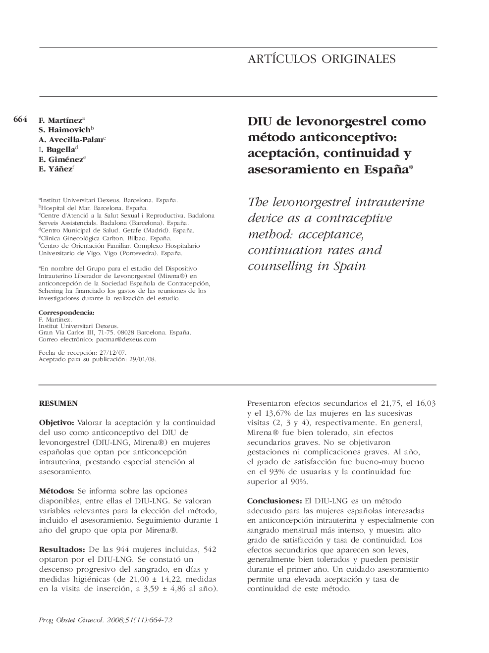 DIU de levonorgestrel como método anticonceptivo: aceptación, continuidad y asesoramiento en España 