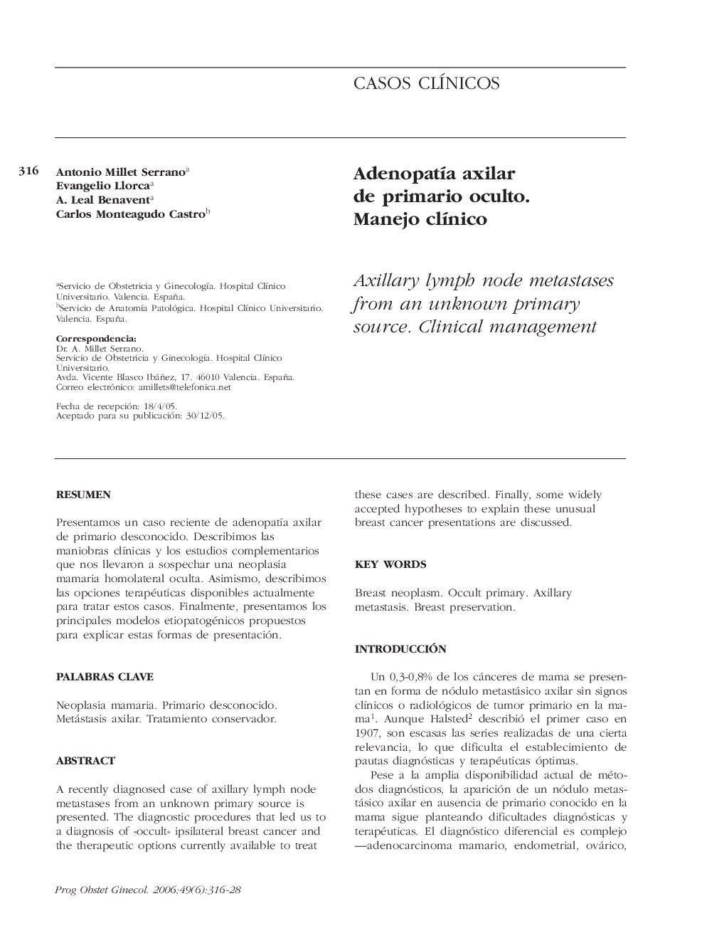 AdenopatÃ­a axilar de primario oculto. Manejo clÃ­nico