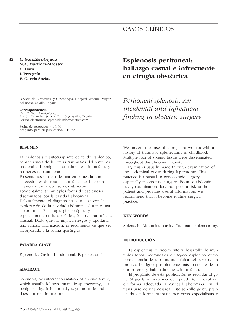 Esplenosis peritoneal: hallazgo casual e infrecuente en cirugÃ­a obstétrica