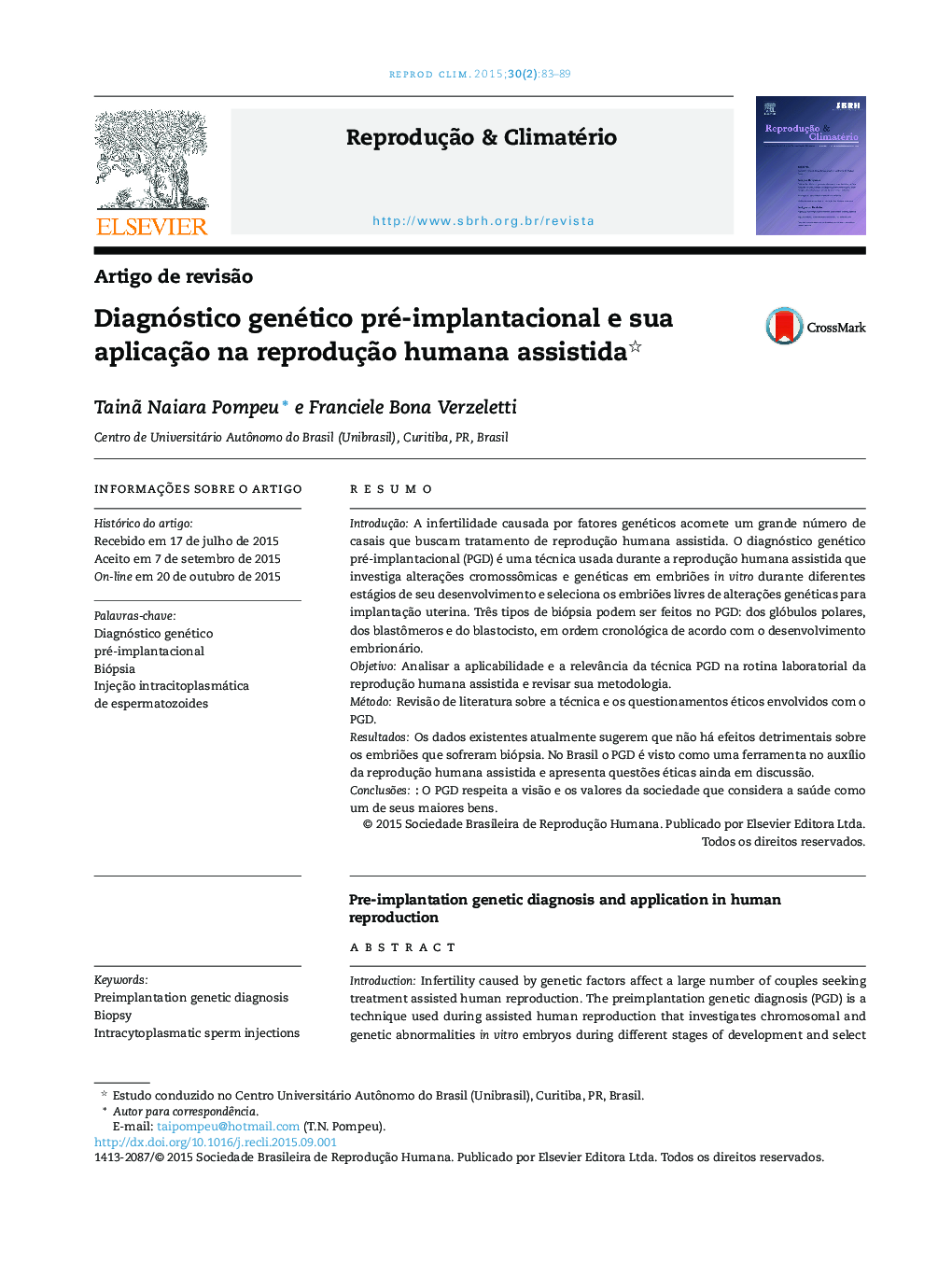 Diagnóstico genético pré‐implantacional e sua aplicação na reprodução humana assistida 