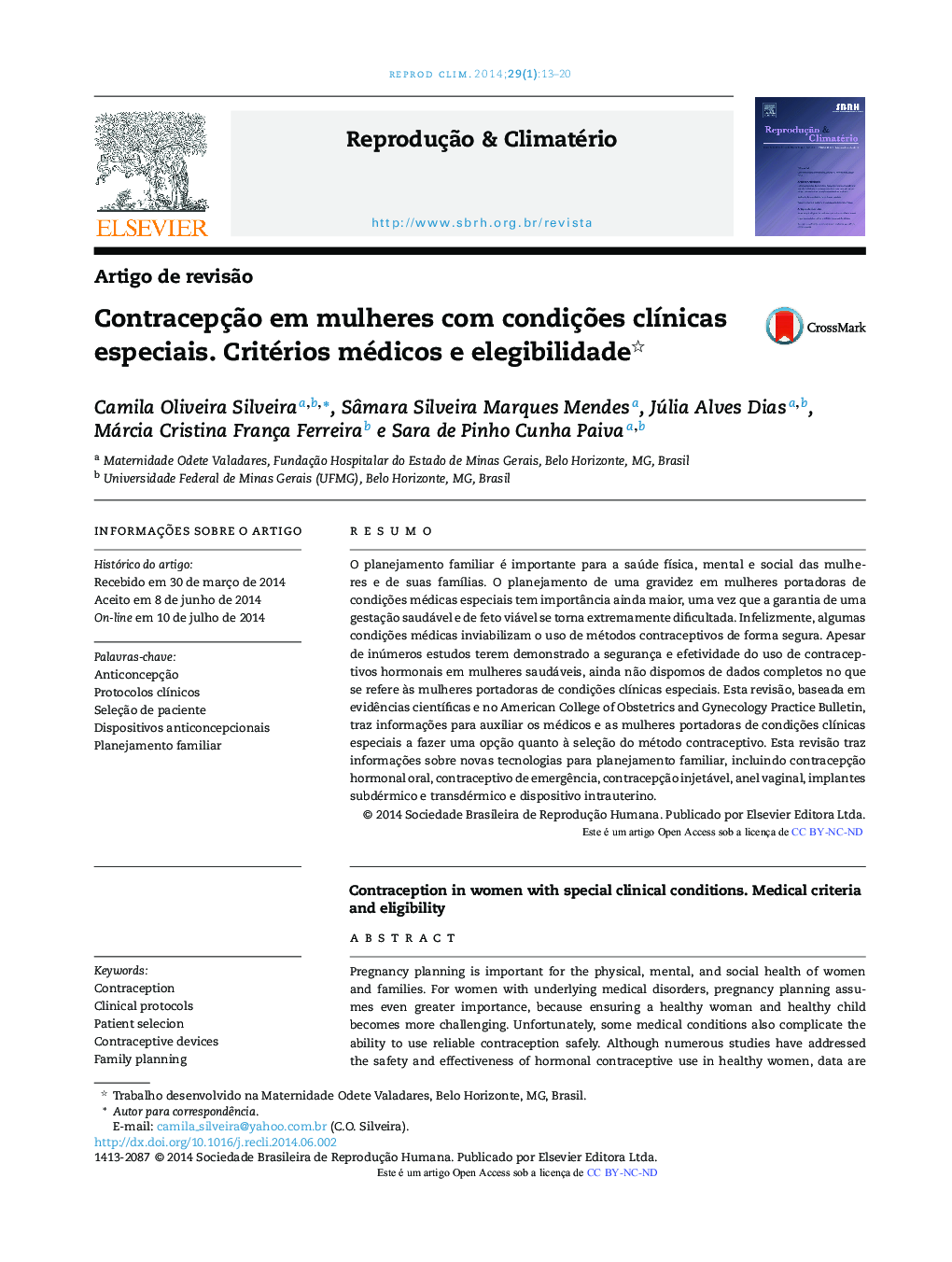 Contracepção em mulheres com condições clínicas especiais. Critérios médicos e elegibilidade 