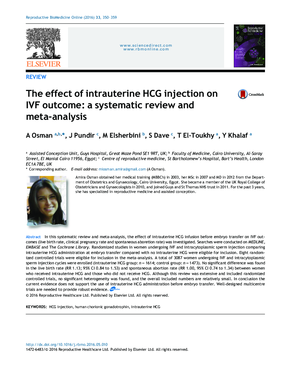 The effect of intrauterine HCG injection on IVF outcome: a systematic review and meta-analysis