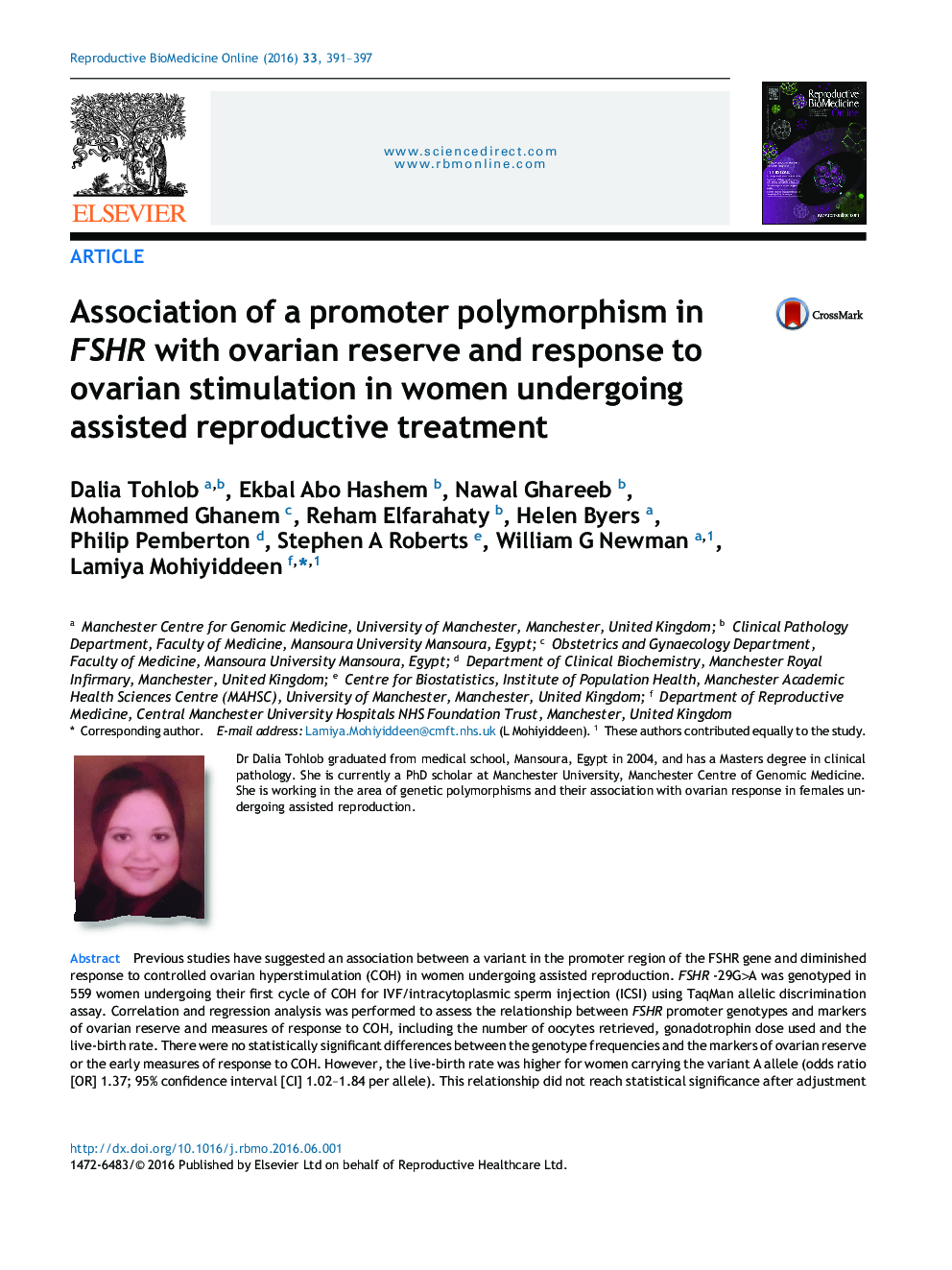 Association of a promoter polymorphism in FSHR with ovarian reserve and response to ovarian stimulation in women undergoing assisted reproductive treatment