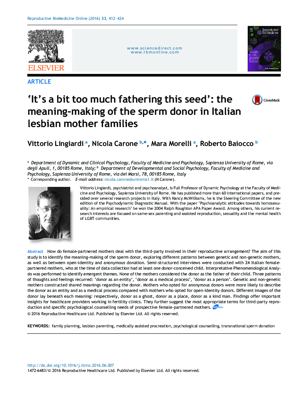 ‘It's a bit too much fathering this seed’: the meaning-making of the sperm donor in Italian lesbian mother families