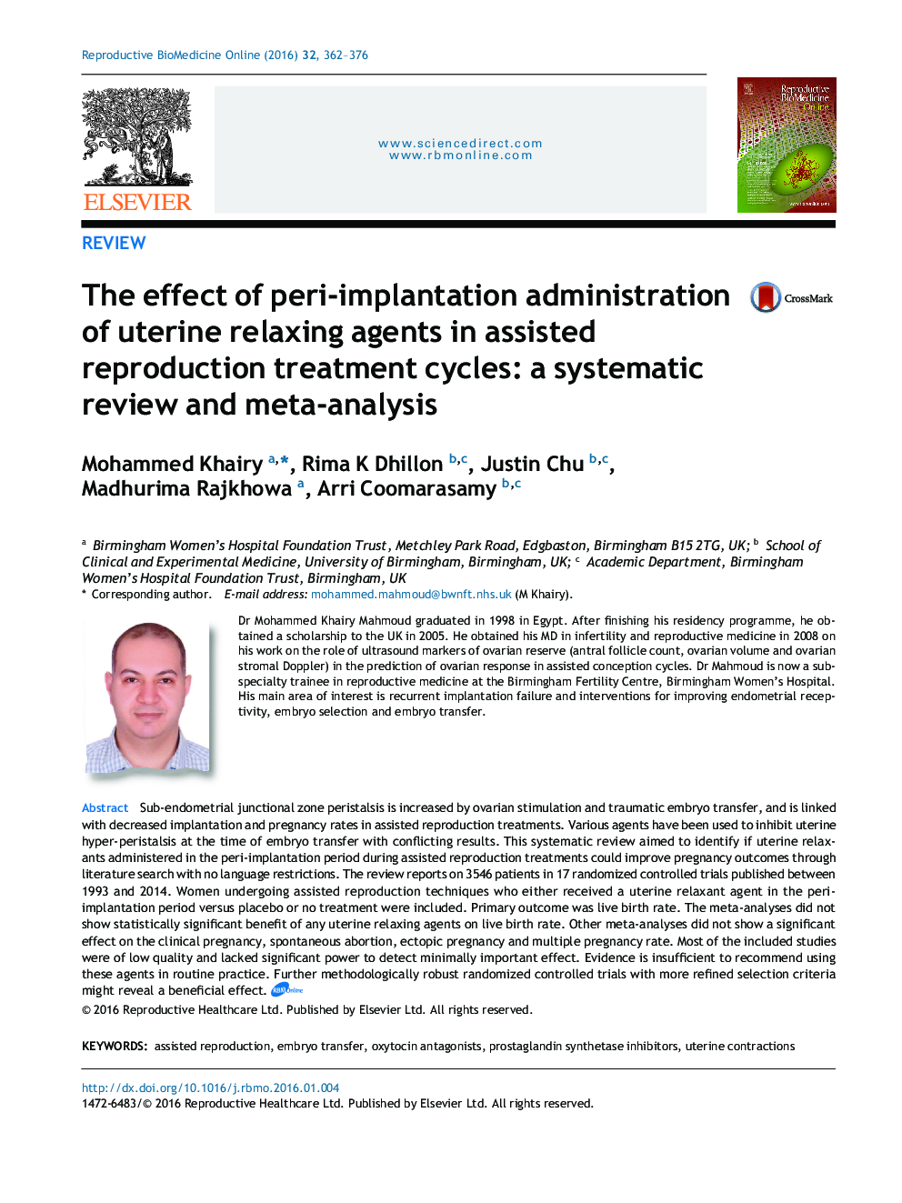 The effect of peri-implantation administration of uterine relaxing agents in assisted reproduction treatment cycles: a systematic review and meta-analysis