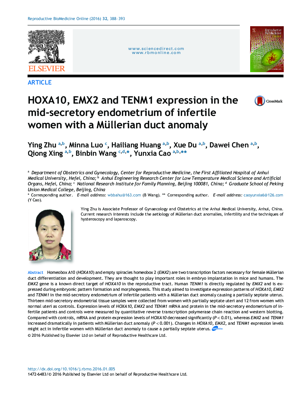 HOXA10, EMX2 and TENM1 expression in the mid-secretory endometrium of infertile women with a Müllerian duct anomaly