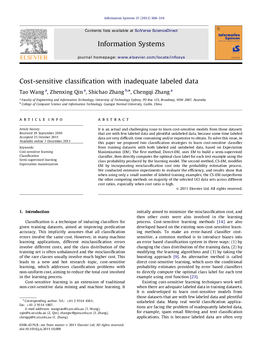 عکس صفحه اول مقاله: Cost-sensitive classification with inadequate labeled data Cost-sensitive classification with inadequate labeled data
