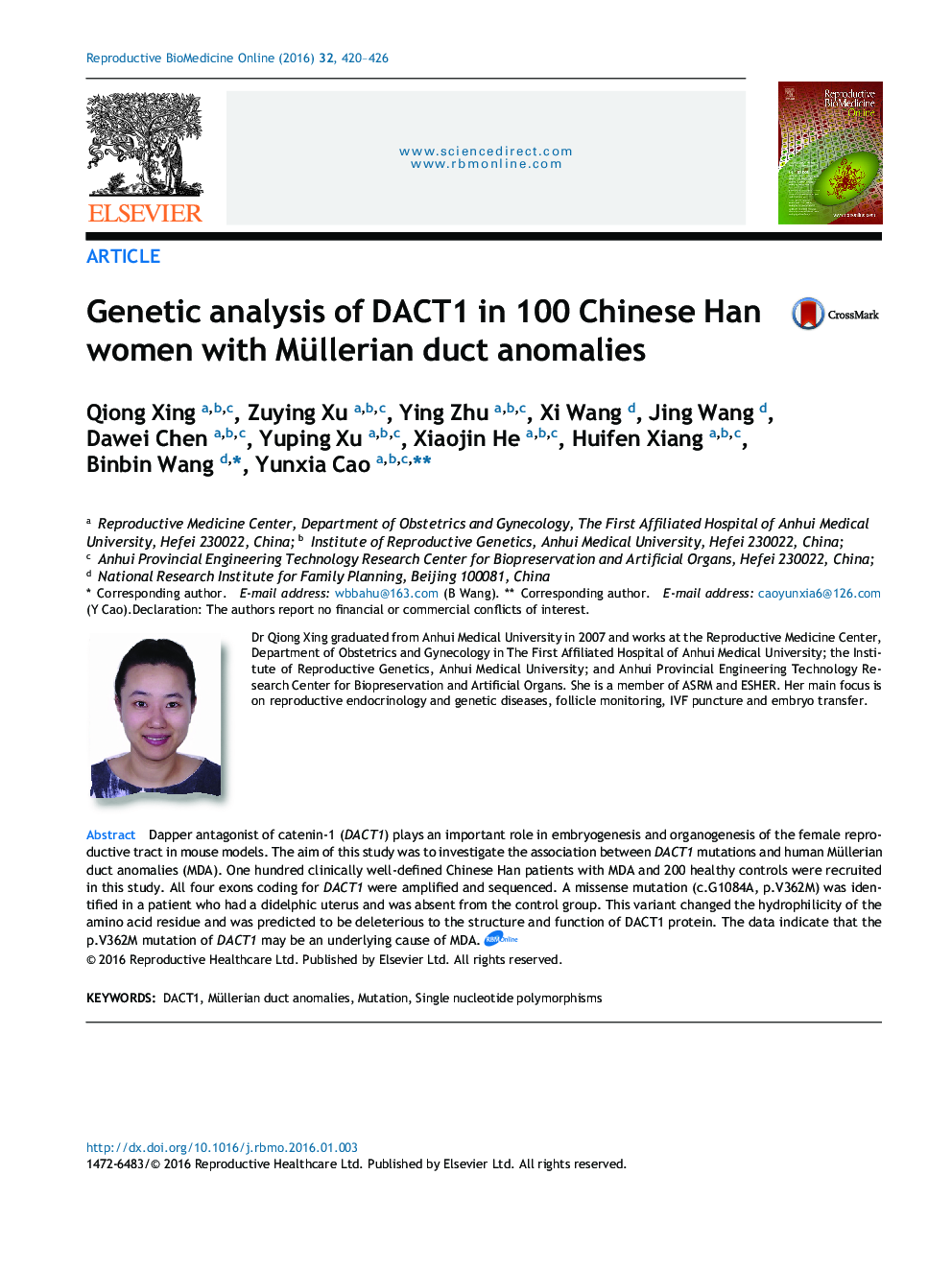 Genetic analysis of DACT1 in 100 Chinese Han women with Müllerian duct anomalies 