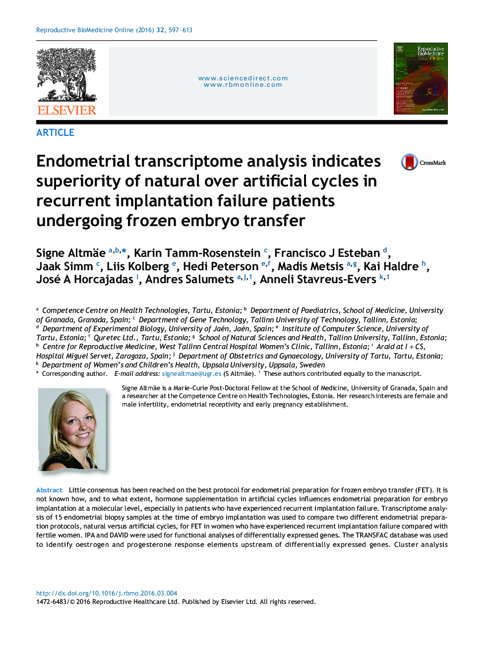 Endometrial transcriptome analysis indicates superiority of natural over artificial cycles in recurrent implantation failure patients undergoing frozen embryo transfer