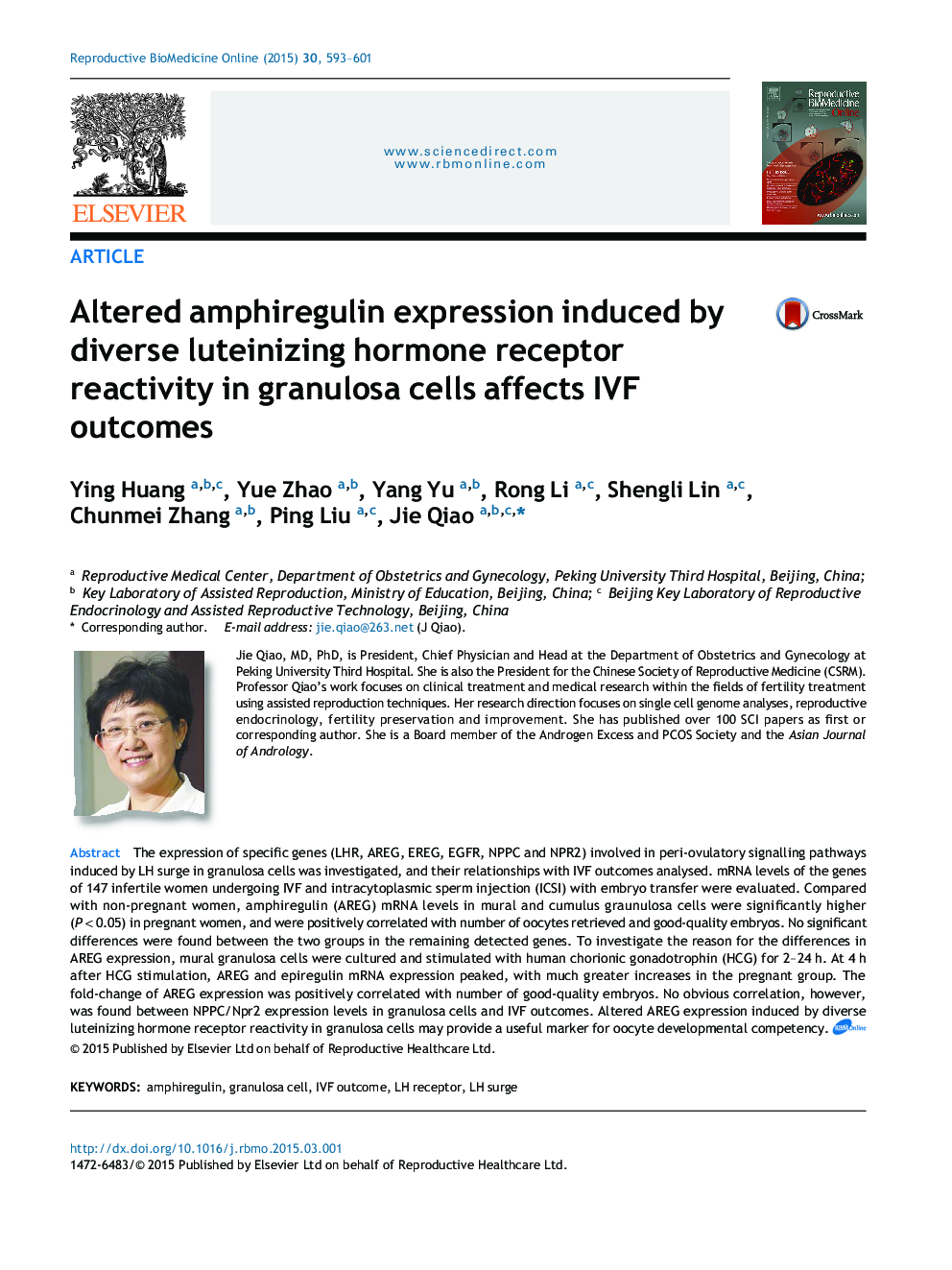 Altered amphiregulin expression induced by diverse luteinizing hormone receptor reactivity in granulosa cells affects IVF outcomes