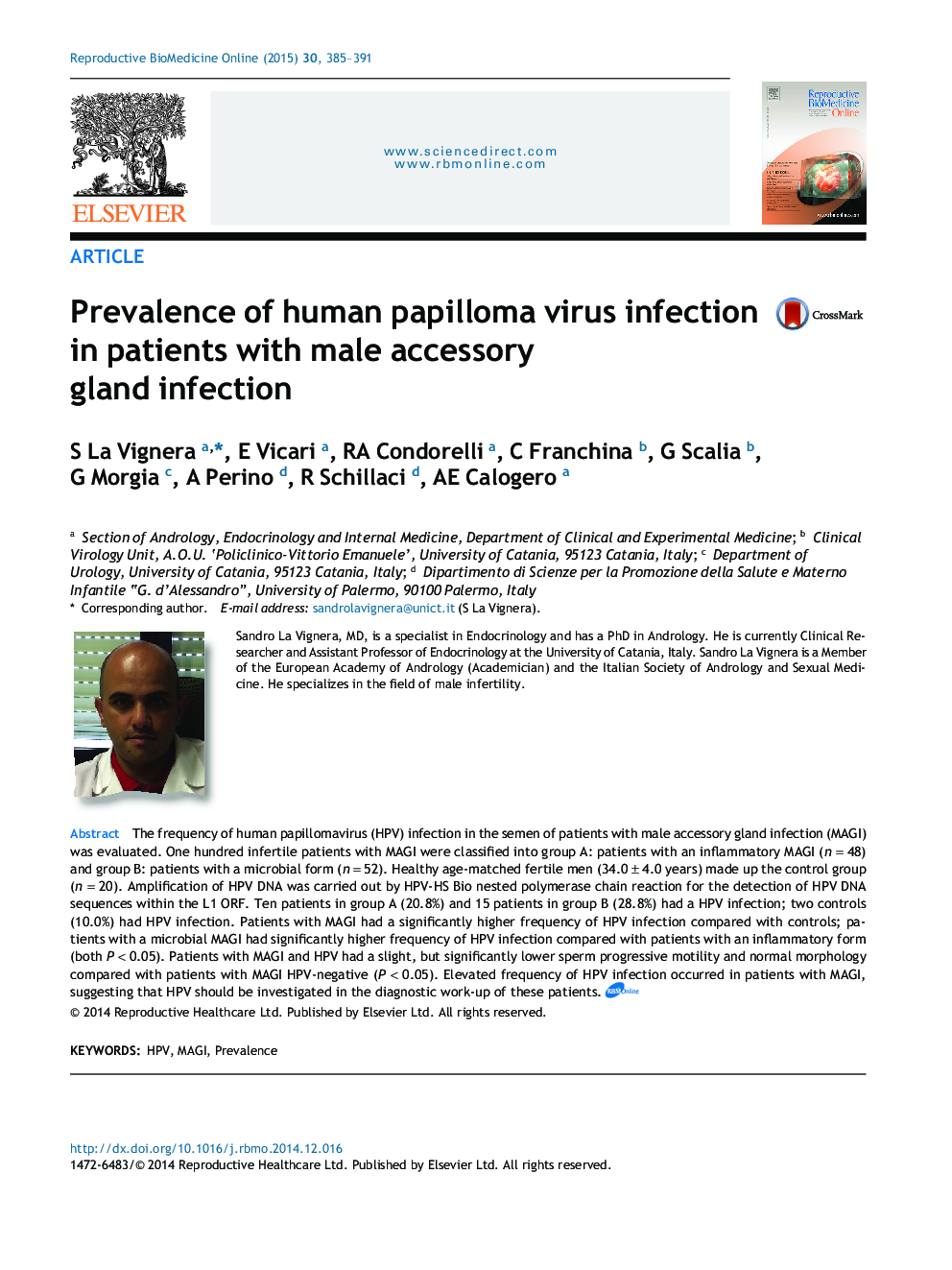 Prevalence of human papilloma virus infection in patients with male accessory gland infection