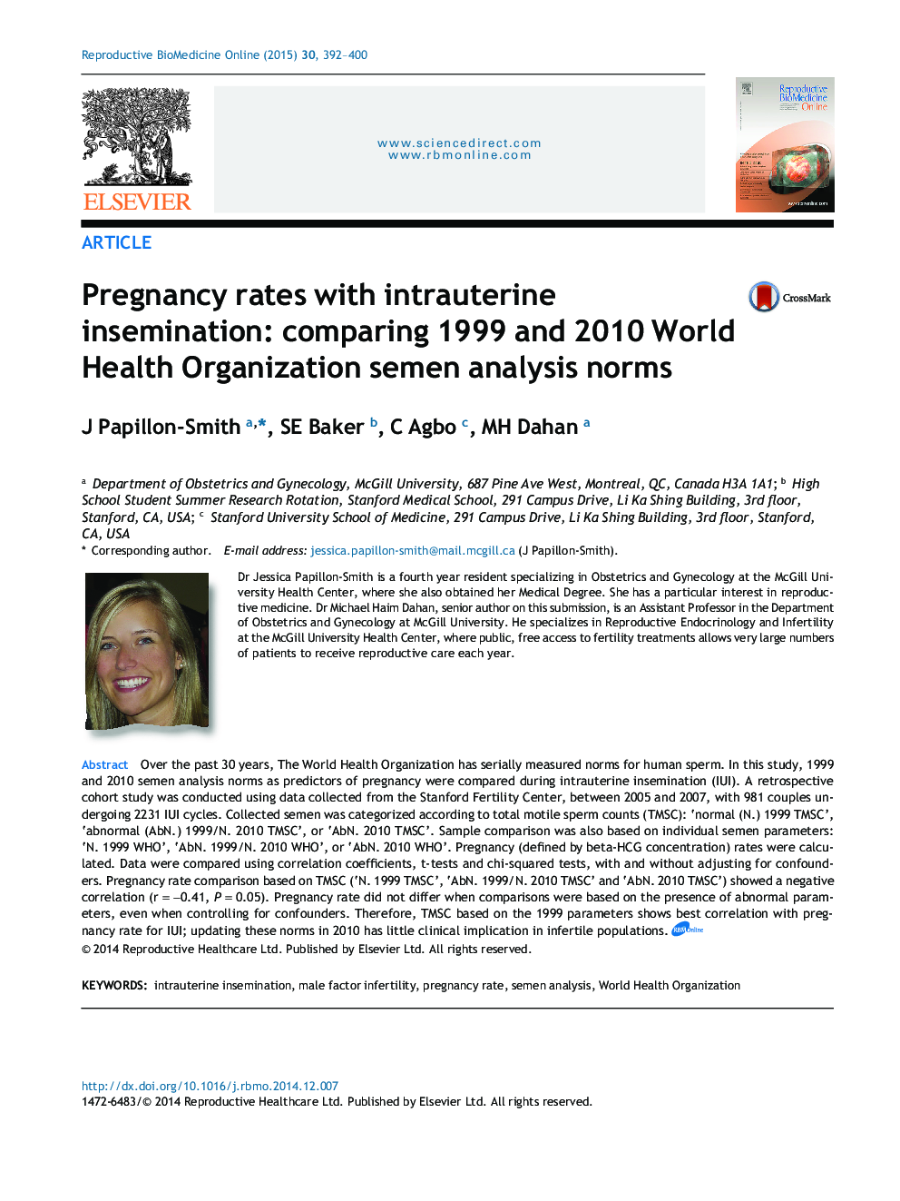 Pregnancy rates with intrauterine insemination: comparing 1999 and 2010 World Health Organization semen analysis norms