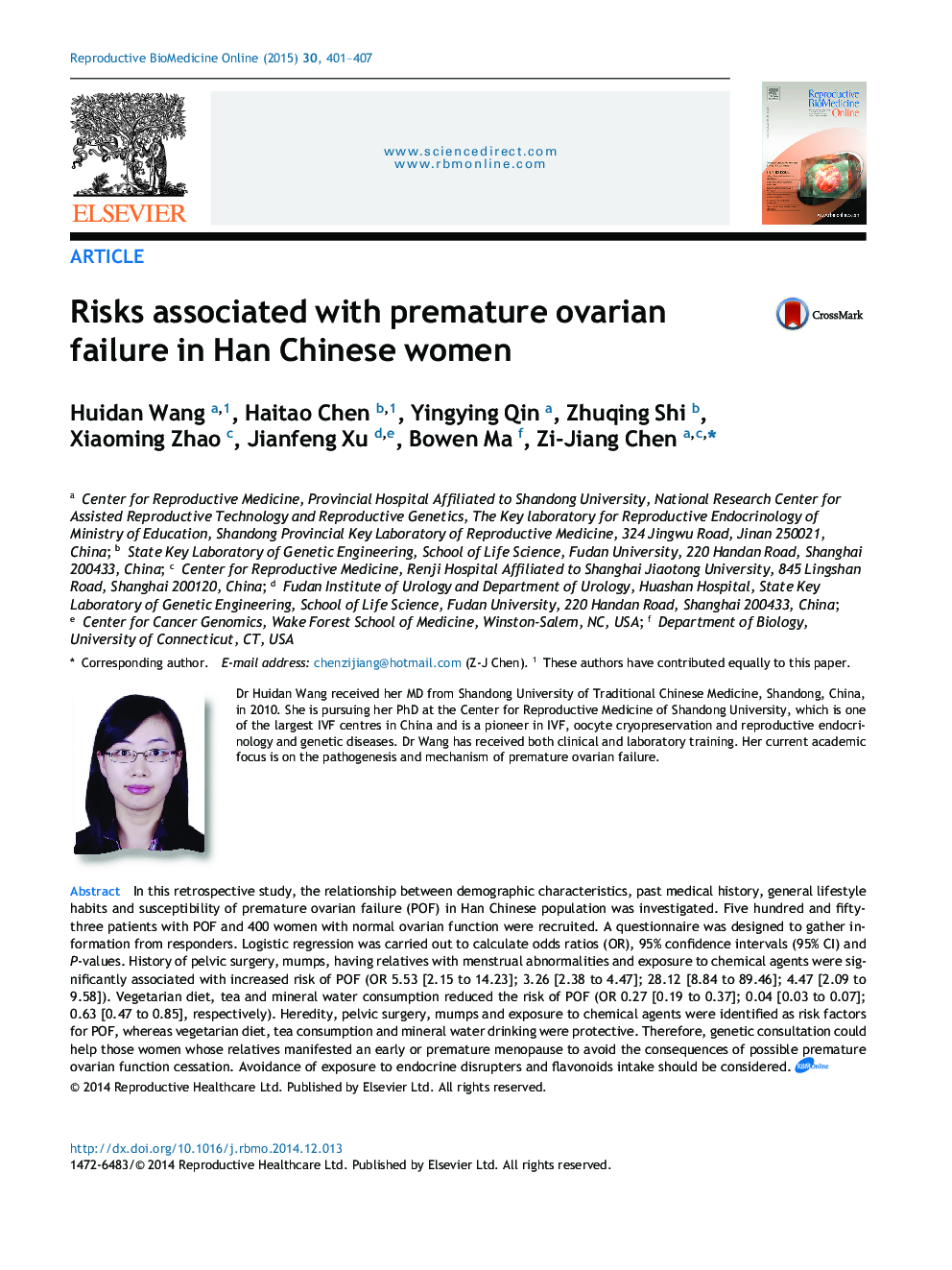 Risks associated with premature ovarian failure in Han Chinese women