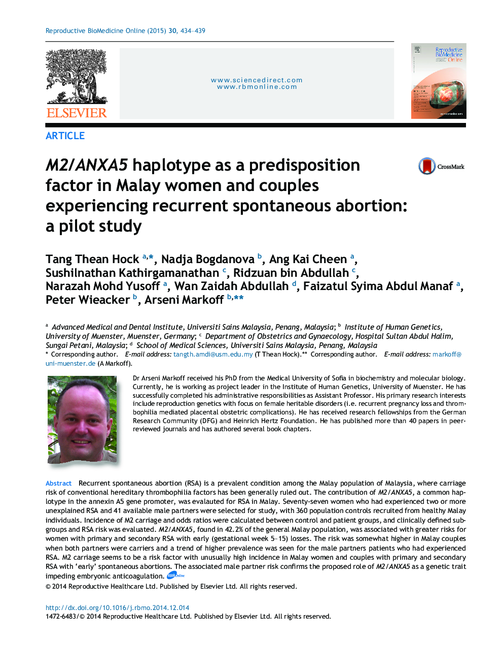 M2/ANXA5 haplotype as a predisposition factor in Malay women and couples experiencing recurrent spontaneous abortion: a pilot study