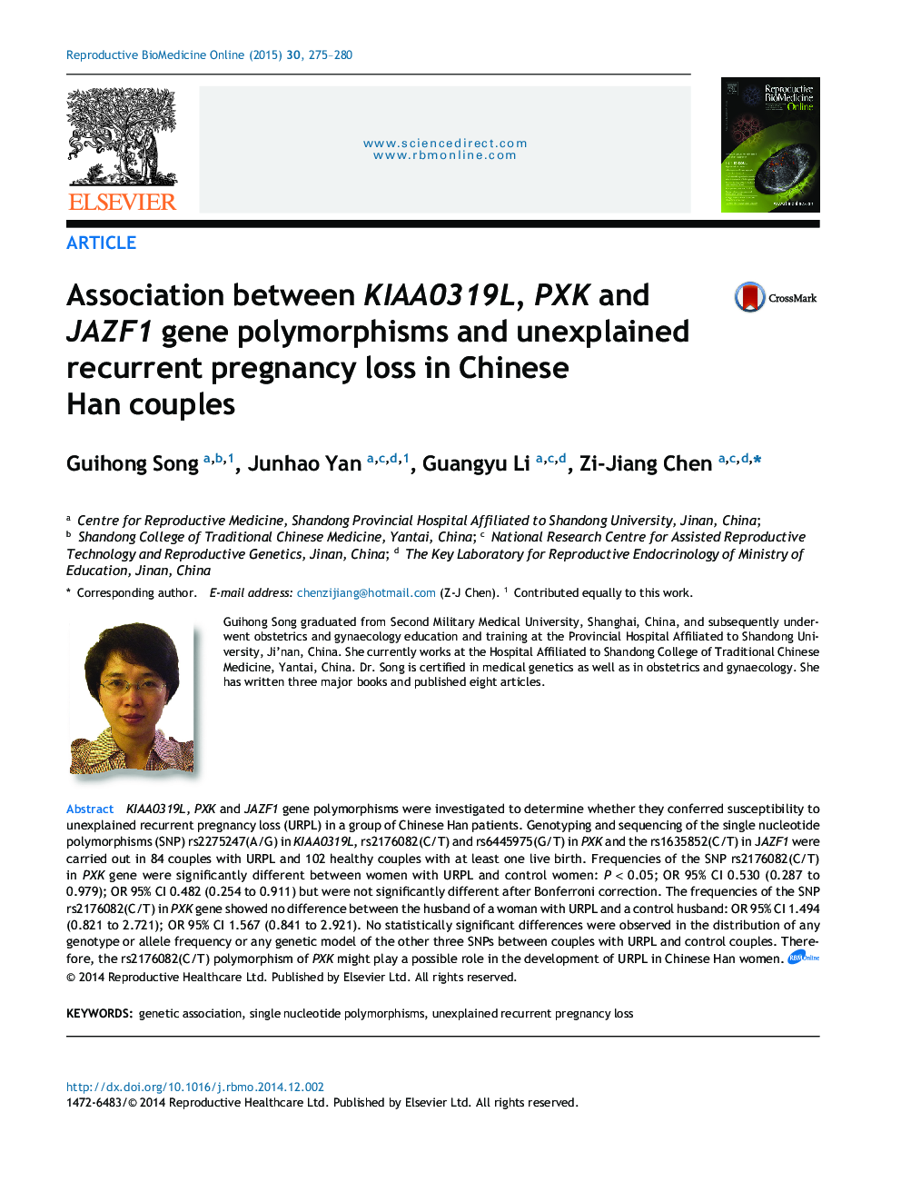 Association between KIAA0319L, PXK and JAZF1 gene polymorphisms and unexplained recurrent pregnancy loss in Chinese Han couples