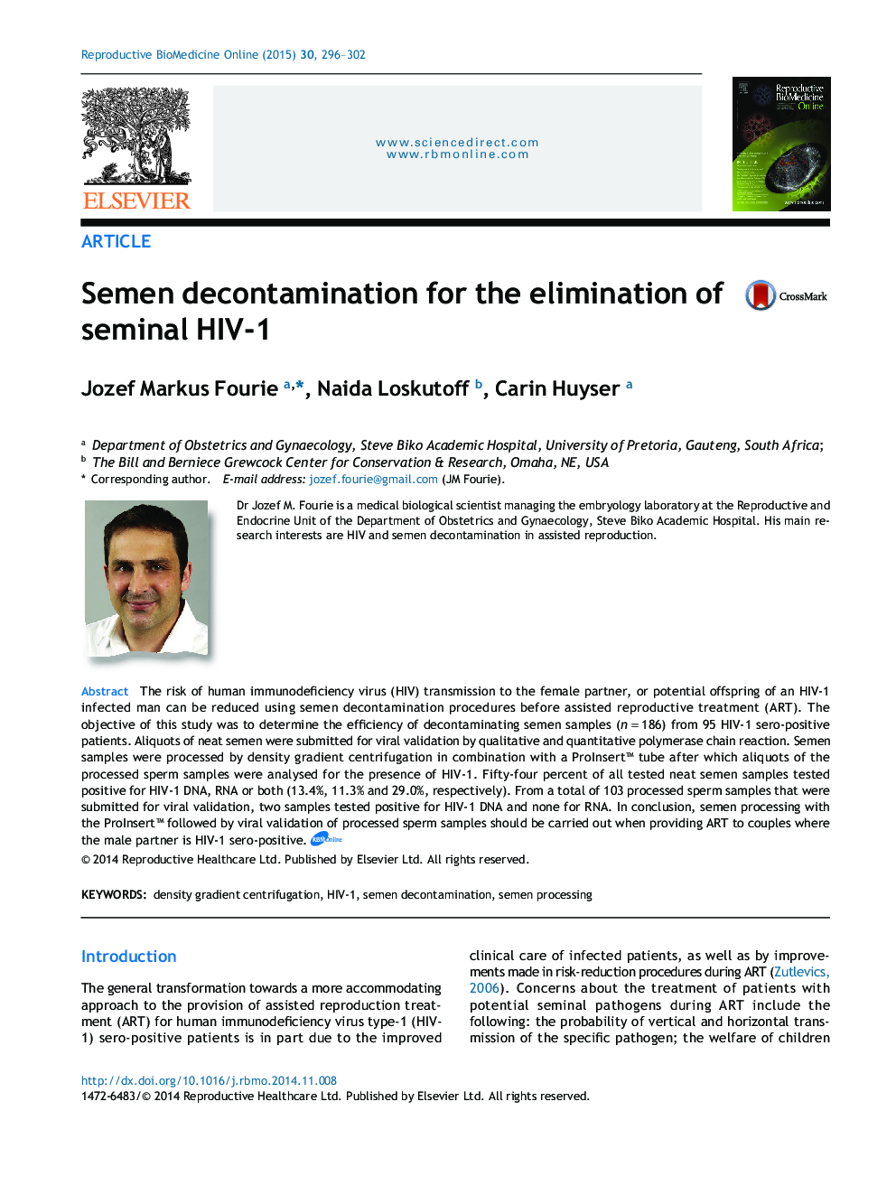Semen decontamination for the elimination of seminal HIV-1