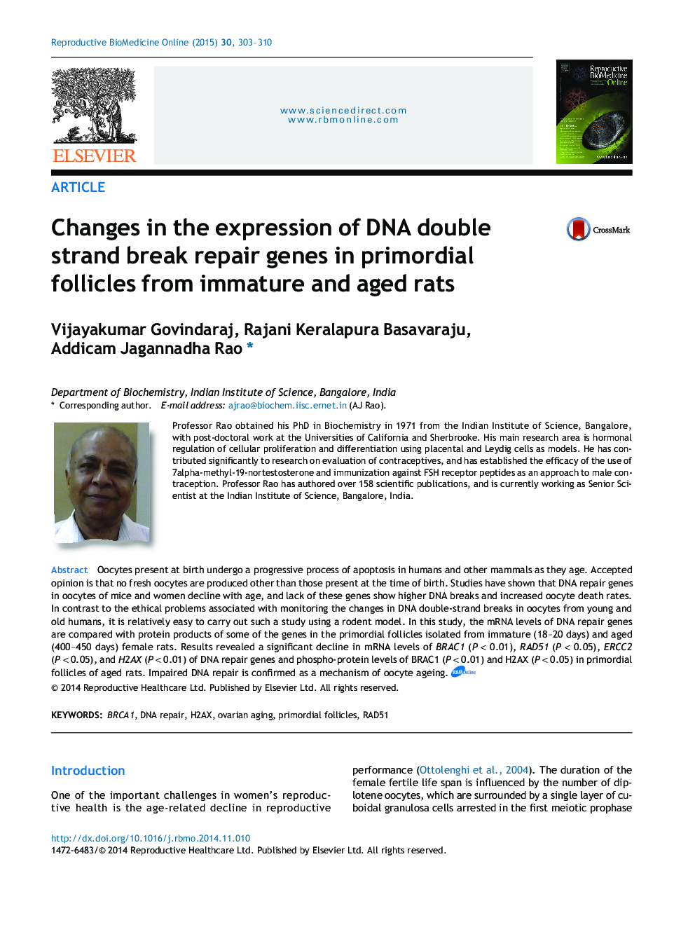 Changes in the expression of DNA double strand break repair genes in primordial follicles from immature and aged rats