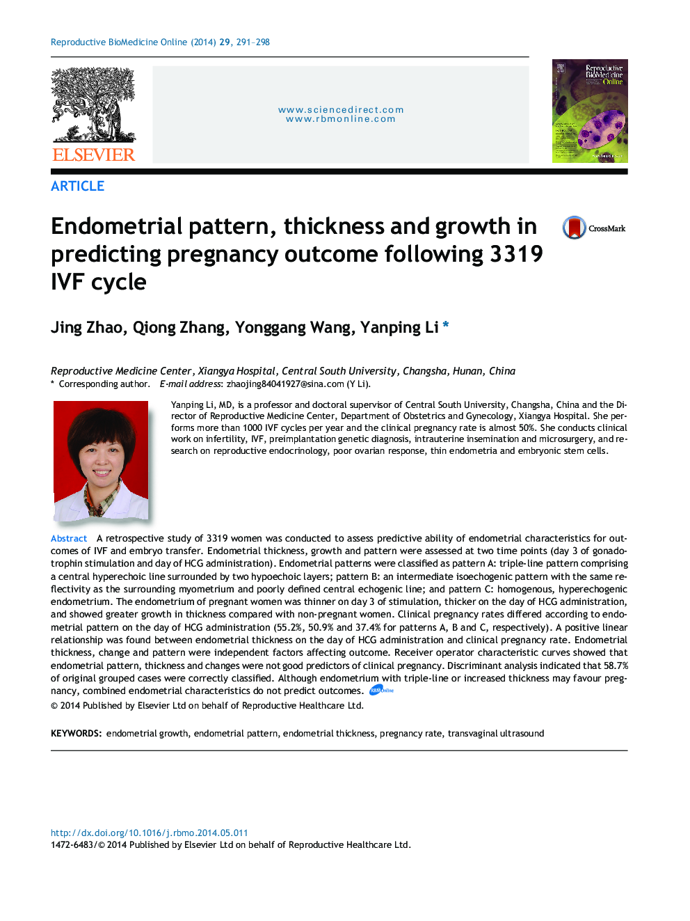 Endometrial pattern, thickness and growth in predicting pregnancy outcome following 3319 IVF cycle