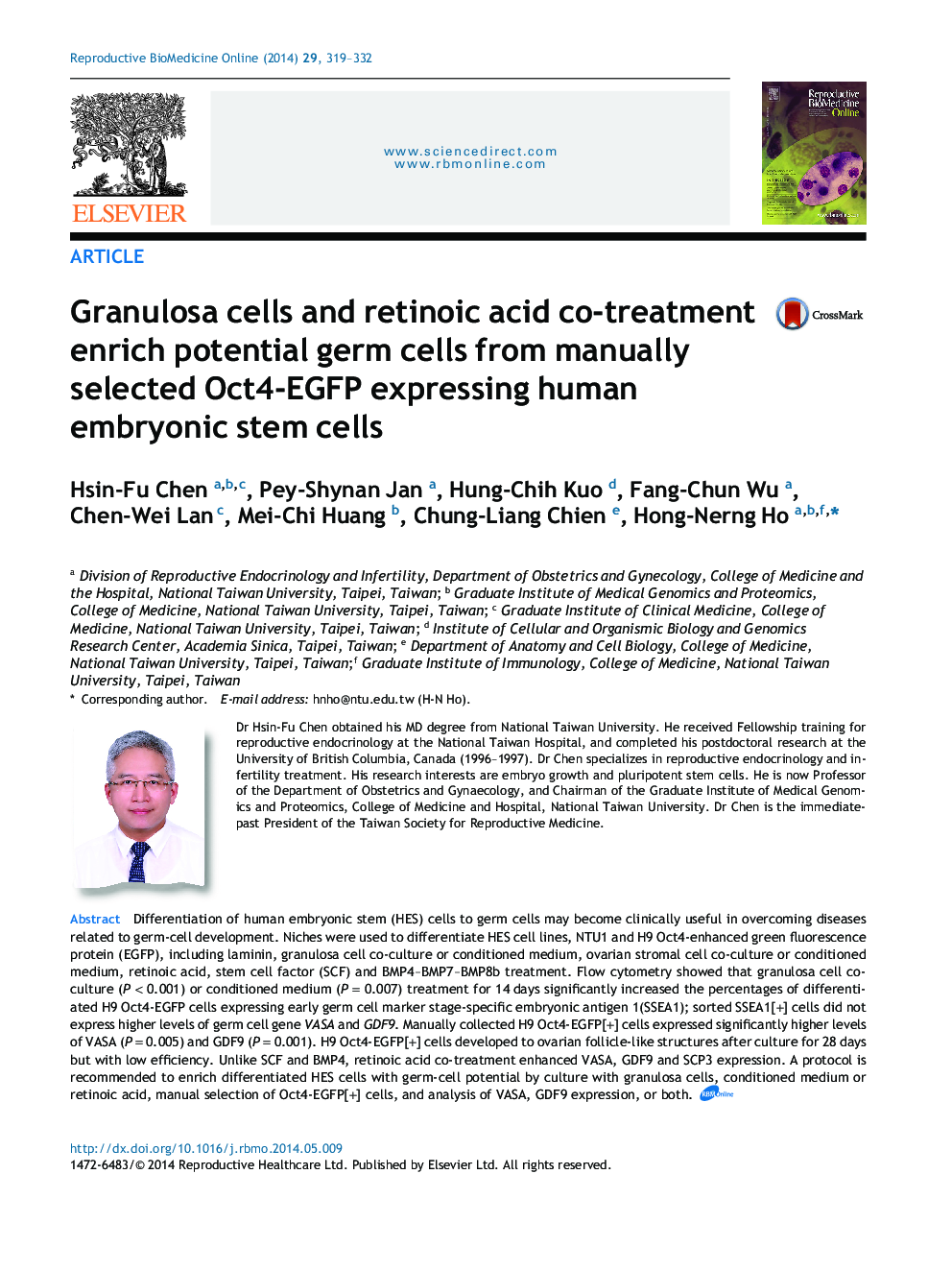 Granulosa cells and retinoic acid co-treatment enrich potential germ cells from manually selected Oct4-EGFP expressing human embryonic stem cells