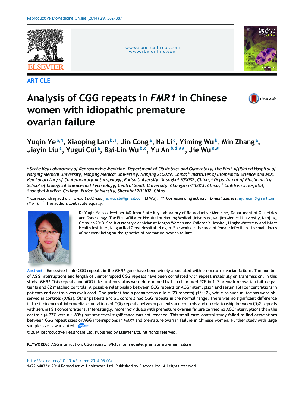 Analysis of CGG repeats in FMR1 in Chinese women with idiopathic premature ovarian failure