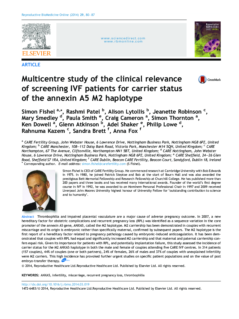 Multicentre study of the clinical relevance of screening IVF patients for carrier status of the annexin A5 M2 haplotype 