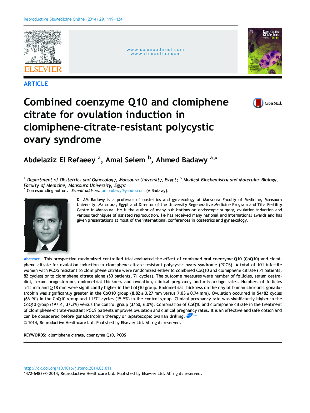 Combined coenzyme Q10 and clomiphene citrate for ovulation induction in clomiphene-citrate-resistant polycystic ovary syndrome 