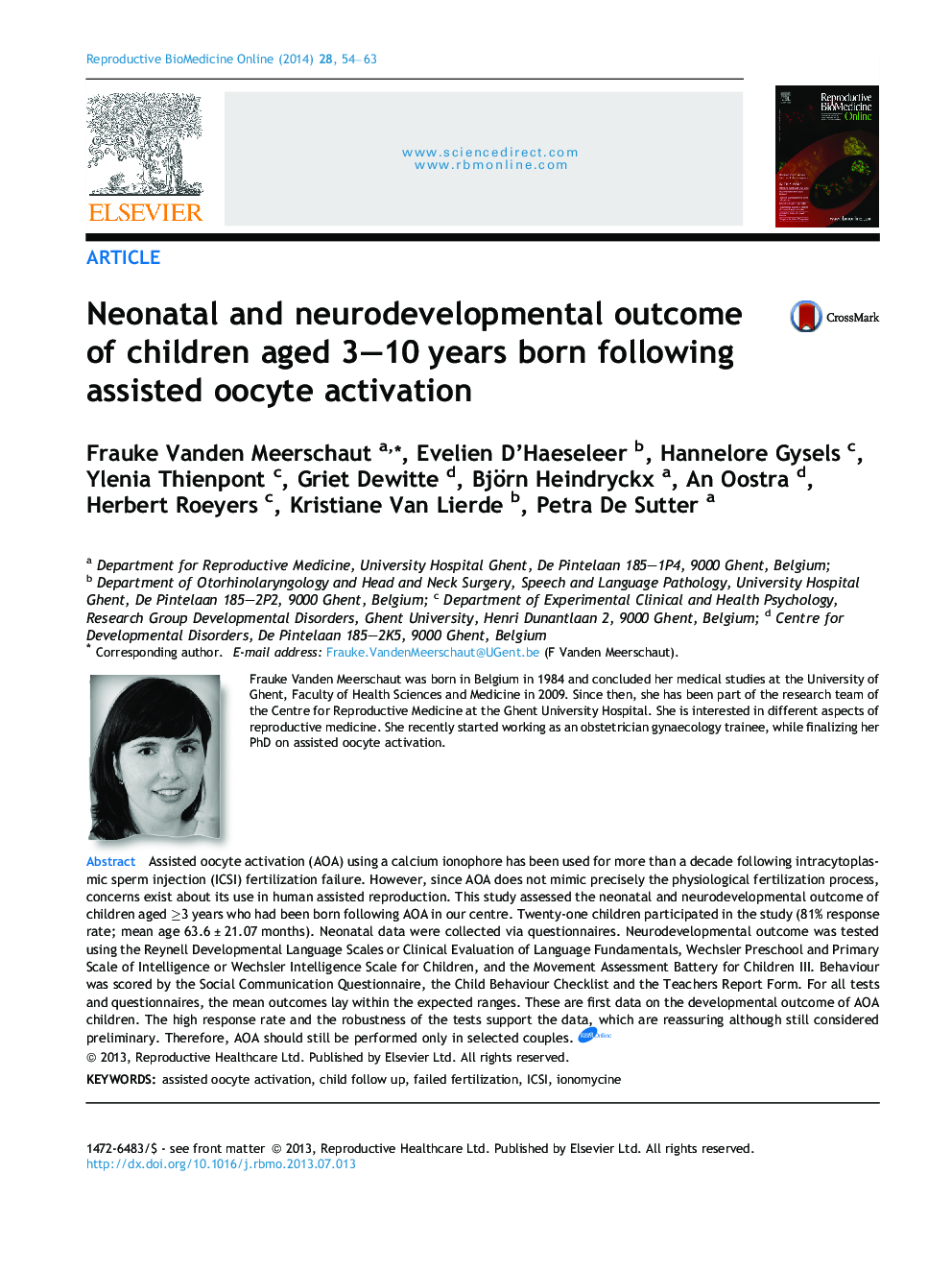 Neonatal and neurodevelopmental outcome of children aged 3–10 years born following assisted oocyte activation 