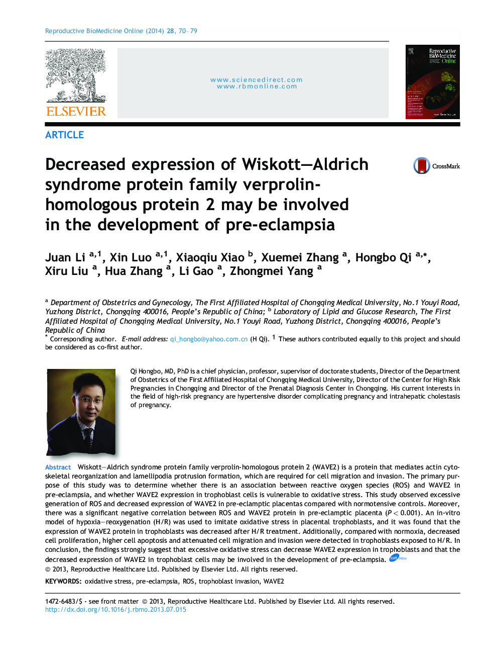 Decreased expression of Wiskott–Aldrich syndrome protein family verprolin-homologous protein 2 may be involved in the development of pre-eclampsia 