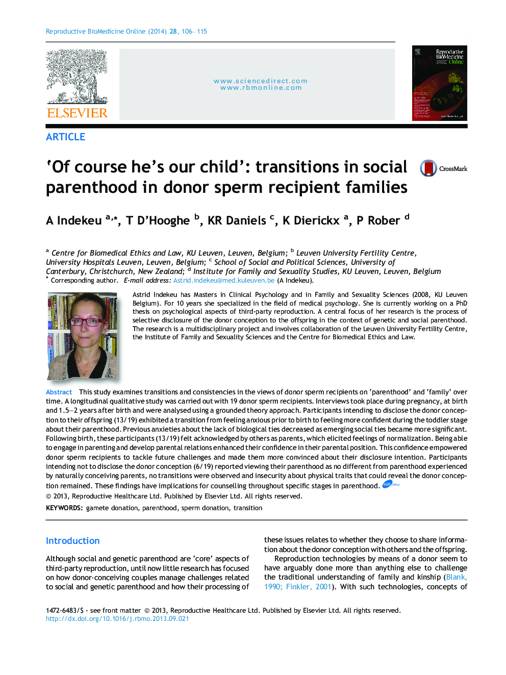 ‘Of course he’s our child’: transitions in social parenthood in donor sperm recipient families 