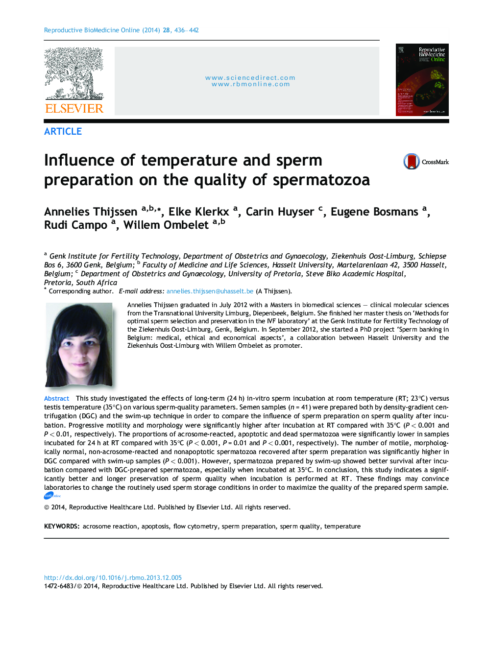 Influence of temperature and sperm preparation on the quality of spermatozoa 